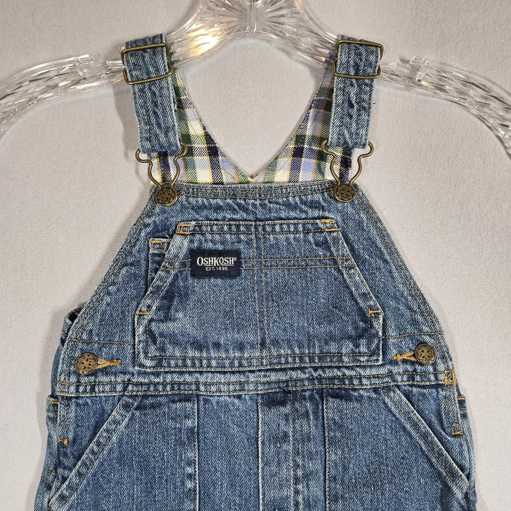 Vintage Oshkosh Denim Overalls Size 24 Months Jeans Cargo Pockets Plaid